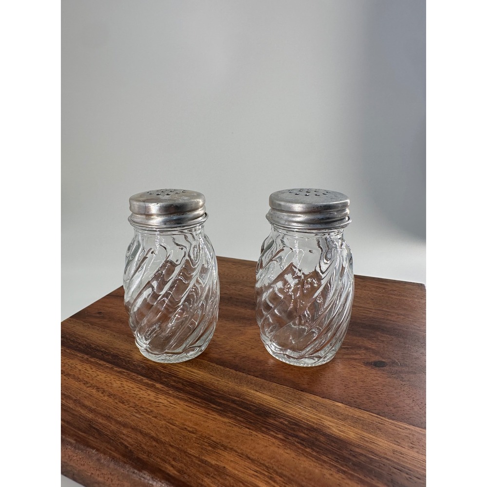 Vintage Clear Swirl Glass Salt and Pepper Shakers Set with Metal Lids